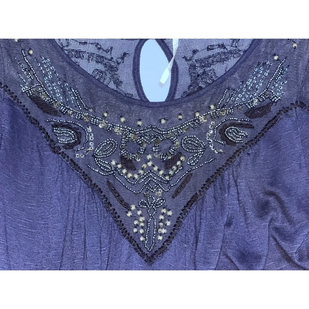 Free People Navy Blue Beaded Sequin Mesh Yoke Long Sleeve Flowy Blouse XS Boho